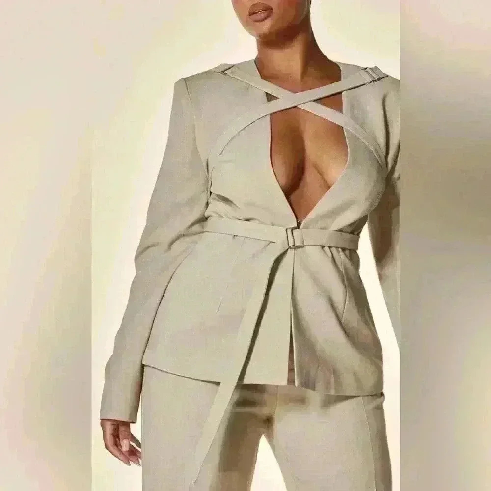 PLT Label Plus Oatmeal Strap Detail  Cross Over Fitted Blazer